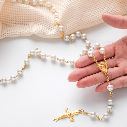 ROCEEI 24 Set Catholic Rosary Bead Bulk 8mm Glass Pearl Beads - color: Gold