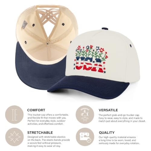 C.C Women's Criss-Cross Ponytail Trucker Hat - Snapback, One Size - color: Floral Usa-white