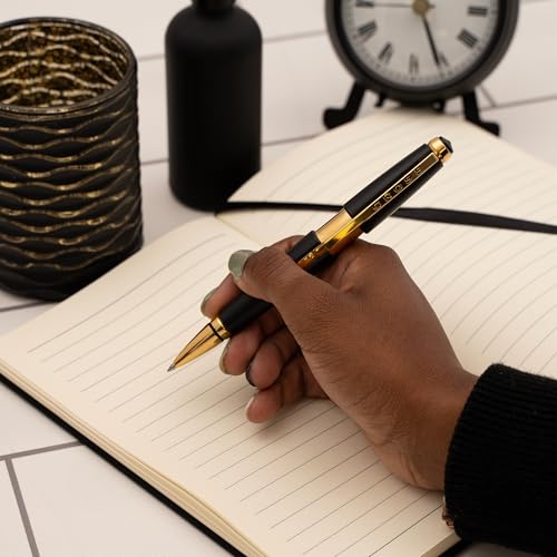 Cross Edge Gel Rollerball Pen, Matte Black Lacquer and Gold Trim, Personalized — Retirement, Work Anniversary, Graduation, or Career Milestone Award Gift - color: Black/Gold Trim