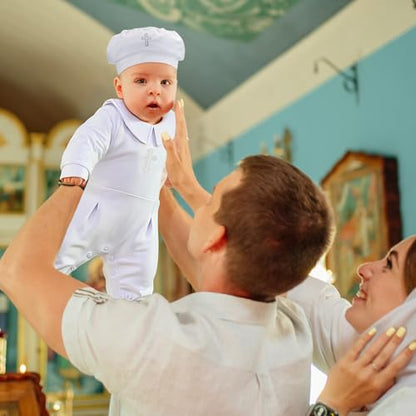 4 Pcs Baby Boy Baptism Outfits with Cross Christening Outfit Jumpsuit Hat Shoes Socks for Newborn Infant Boys - size: 6-12 Month