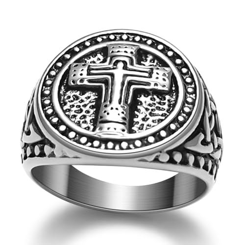 Christian Cross Rings for Men - Stainless Steel Jesus Jewelry with Celtic Knot Sides (Gold/Black/Silver) - Catholic Religious Gift, Size 7-13 - color: D-Silver-Jesus
