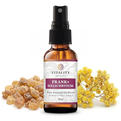 Vitality Extracts Frank+ Helichrysum Essential Oil Blend - 30ml Spray Bottle, Frankincense Boswellia Seratta, Aromatherapy, Soft Skin, Relief from Daily Aches & Soreness, Natural - size: 1.01 Fl Oz (Pack of 1)