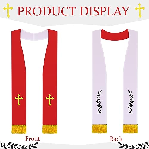 Panitay Embroidered Wedding Reversible Stole with Tassels Clergy Mass Stole with Cross Wedding Pastor Shawl - color: Red and White, style: Classic
