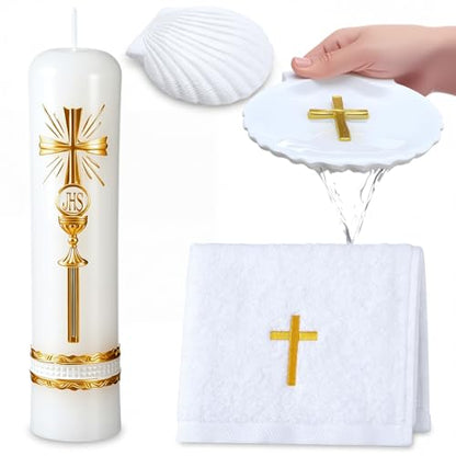 3 Pcs Baptism Candle Set First Communion Candle, Cross, Gold