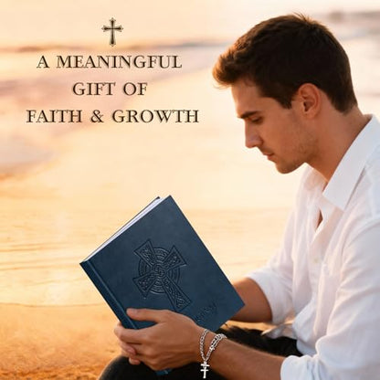 Lanpn Christian Bible Prayer Journal for Men, 91 Days Daily Devotional Journals, Bible Study Notebook with Scripture Verse for Church Pray Notes, Religious Faith Gifts, Blue Leather Hardcover - color: Blue