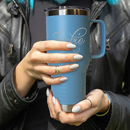 The Wedding Party Store Custom Personalized 20 oz Stainless Steel Powder Coated Vacuum Insulated Double Walled Travel Tumbler Coffee Mug with Handle and Lid (Carolina Blue) - color: Carolina Blue
