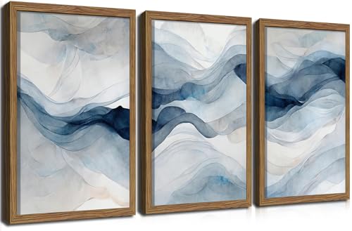 Blue Abstract Wall Art, Modern Navy Blue Abstract Canvas Wall Decor Paintings, Neutral Minimalist Texture Posters Prints Pictures for Living Room Bedroom Office Home Decor 12x16 Inch Wood Framed - color: White and blue Abstract Art, size: 16L" x 12W"