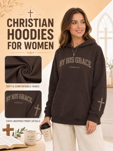 FAYALEQ Christian Sweatshirt By His Grace Letter Print Hoodie Christian Religious Sayings Sweater Bible Pullover Tops - color: Brown, size: Large