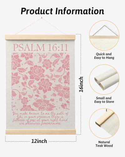 FGFK Pink Lace Floral Christian Wall Art Poster Hanger Frame, Christian Room Decor, Psalm 16:11 Bible Verse Canvas Prints Framed Wall Decor for Girls Bedroom Dorm Apartment, 12x16 Inch - color: Psalm 16:11