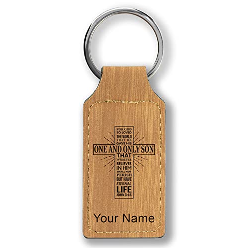 LaserGram Rectangle Keychain, Bible Verse John 3-16, Personalized Engraving Included - color: Bamboo