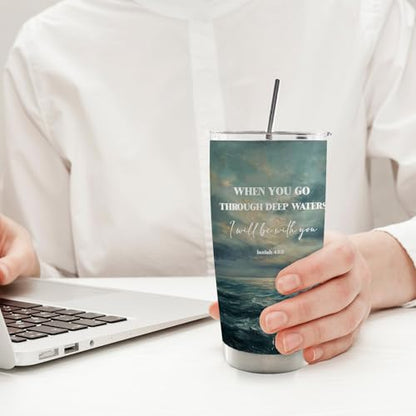 Christian Ocean Beach 20oz Travel Coffee Mug Tumbler, Christian Gifts, When You Go Through Deep Waters I Will Be with You Bible Verse Stainless Steel Tumbler with Lid and Straw - color: Deepwater A
