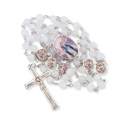Nazareth Store Natural Stone Beads with Miraculous Epoxy Heart Metal Beads Rosary Necklace Gemstone Christian Gifts - color: Clear Agate