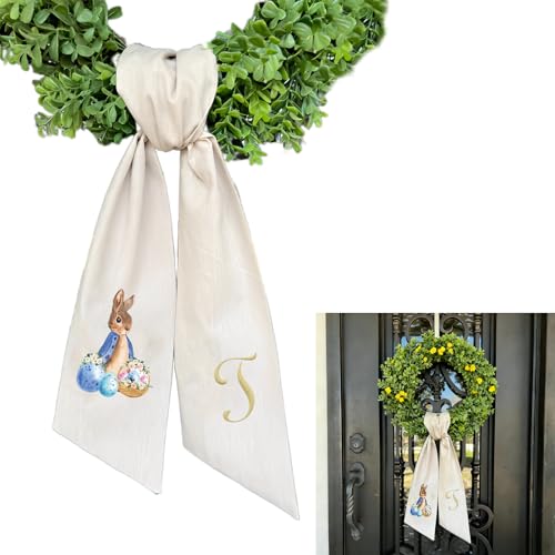 Rabbit Easter Wreath Bow Custom Embroidered Monogram Spring Bunny Wreath Sash for Front Door Hand Tailored Easter Decorations Spring Bows for Wreaths (T) - color: T