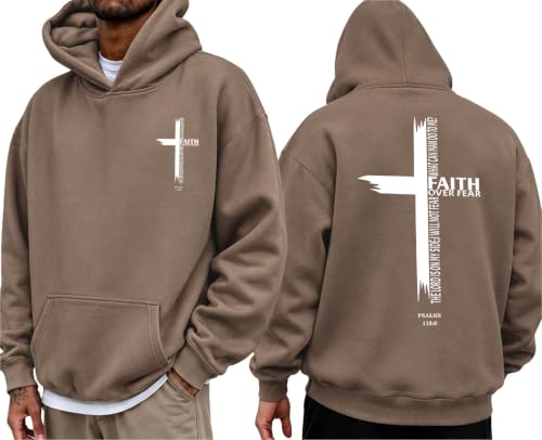 Eatbook Christian Hoodies for Men Faith Over Fear Cross Graphic Hoodie - color: Khaki, size: XX-Large