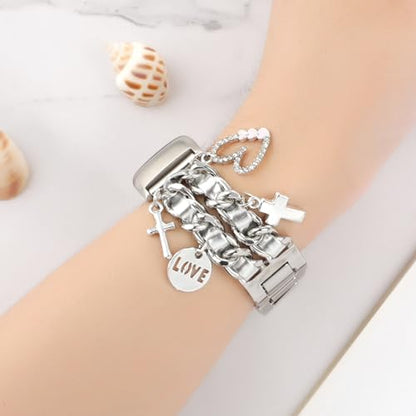 Stylish Metal Wristband Compatible with Fitbit Charge 6/Charge 5 Bands for Women,Cute Strap with Unique Love Cross Pendants Chain Charms Bracelet for Charge 5 6 Fitness Tracker - color: Silver+Silver Leather
