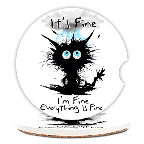Car Coasters 2 Pack, Small 2.56" Ceramic Stone & Non-Scratch Cork Base Car Cupholder Absorbent Coaster Set for Women/Men Drink Cup Holder Coasters (I'm Fine Cat) BD-10 - color: Fire Cat