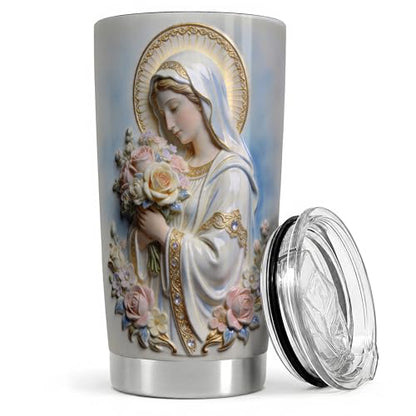 Virgin Mary Floral Bouquet Art 20oz Tumbler, Virgin Mary Tumbler for Daily Drinkware, Blue Halo Statue Illustration, Catholic Devotional Cup, Religious Design for Women Men Church Use - color: Virgin Mary 4