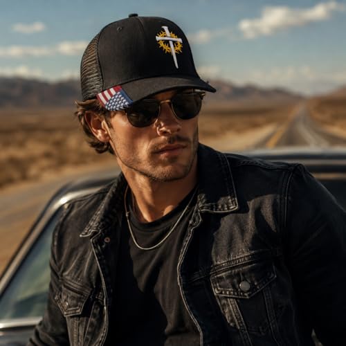 Christian Cross Baseball Cap for Men, American Flag - color: Black