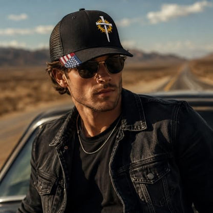 Christian Cross Baseball Cap for Men, American Flag - color: Black