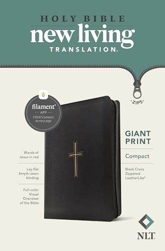 NLT Compact Giant Print Zipper Bible, Filament Enabled (LeatherLike, Black Cross, Red Letter)