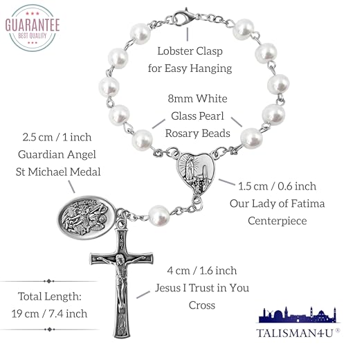 TALISMAN4U St. Michael Guardian Angel Medal Rosary for Car Rearview Mirror - color: White Rosary Beads