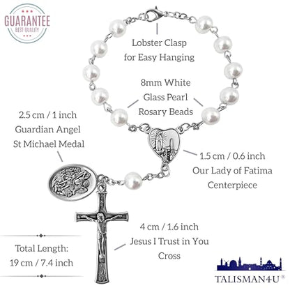 TALISMAN4U St. Michael Guardian Angel Medal Rosary for Car Rearview Mirror - color: White Rosary Beads