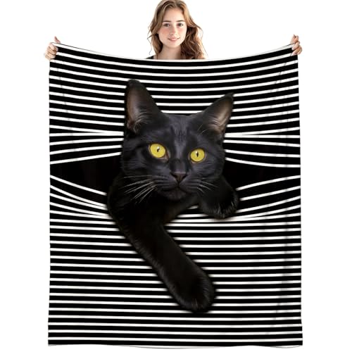 Funny Black Cat Blanket, Funny Cats Black and White Striped Throw Blankets for Home Bedroom Living Room Couch Bed Decor, Black Cat Mom Lovers Gifts for Women, 50x60 Inch - color: 04-funny Black Cat(blanket-02)