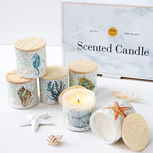 Jar Candles Scented with Lid Gift Set of 6 Ocean Theme Glass Jar Different Fragrance Soy Wax Aromatherapy Candles Take Harsh Smells Away Candle for Home Scented Stress Relief Relaxation - color: Ocean Theme