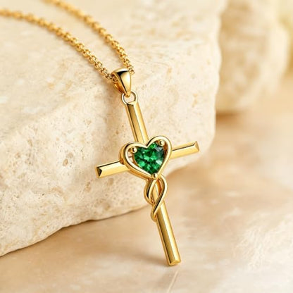 Birthstone Cross Necklace for Women 14K Gold Plated Heart Infinity Cross Pendant Necklace Christian Religious Jewelry Anniversary Birthday Gifts for Wife Mom Her - color: May/Emerald