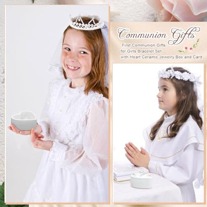 Funtery First Communion Gifts for Girls Ceramic Jewelry Keepsake Box with a Pray Card 1st Holy Communion Gifts for Girls Boys(Heart,Pink)