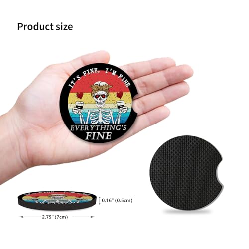 Funny Skull with Coffee Cup Holders Car Coasters Set for Women/Men,Absorbent Cup Car Holders, 2 Pack Universal Neoprene Coasters with A Finger Notch - color: Funny Skull With Coffee