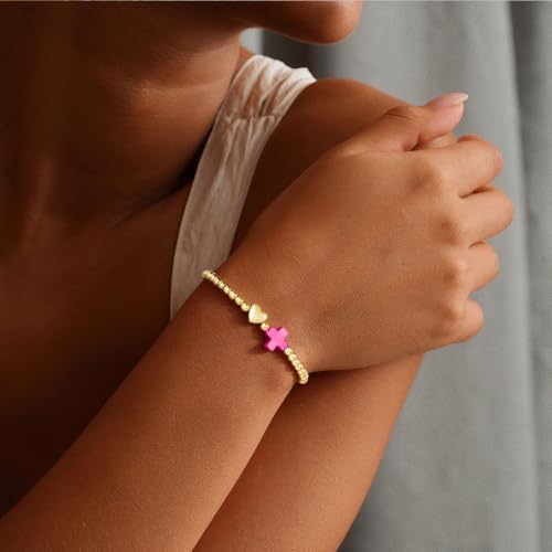 Turandoss Gold Cross Bracelet for Women Heart Beaded Bracelet Faith Jewelry - color: Pink Cross Bracelet