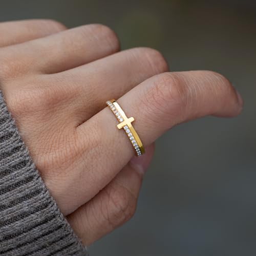 STORYJEWELLERY Cross Rings for Women, 925 Sterling Silver Purity Ring with Cubic Zirconia, Dainty Christian Jewelry, Confirmation and Baptism Gifts - color: Cross Ring-925 Sterling Silver with 18K Gold