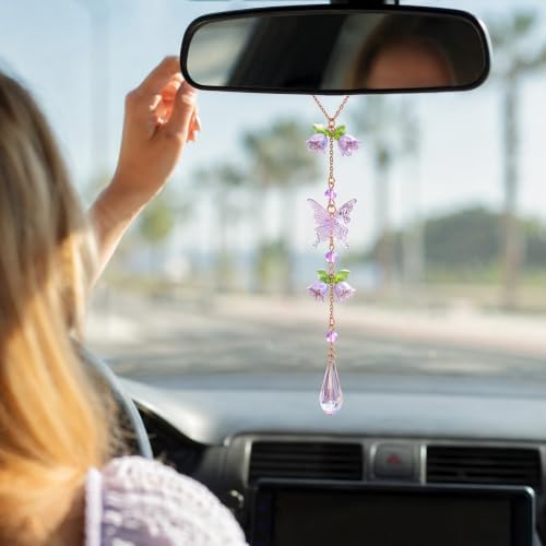 Butterfly Flower Car Rearview Mirror Charm Purple Lily of Valley - color: Purple - Butterfly