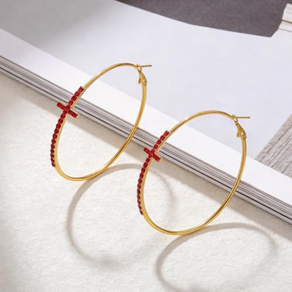 Large Cross Hoop Earrings for Women Sparkly Rhinestone Statement Jewelry for Prom Wedding Party Night Out Accessories Shiny Silver Tone Fashion Dangle Earings - color: Red