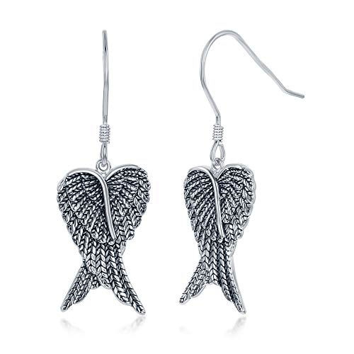 Sterling Silver/Rose Tone/Created Blue/White or Pink Opal/Oxidized Heart Angel Wings Earrings - color: Oxidized