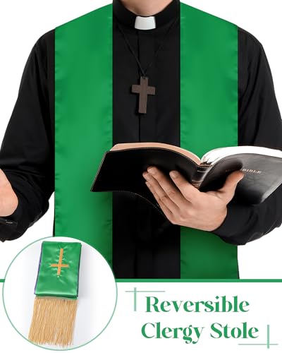 Eurzom 2 Pcs Reversible Clergy Stole with Cross Tassels - color: Green,purple