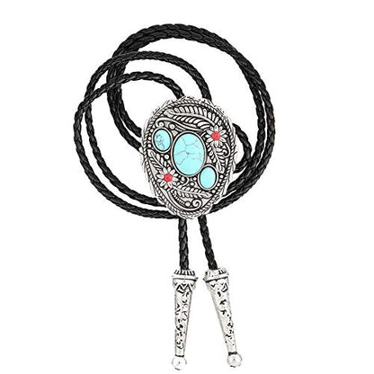 bolo tie for man,handmade western cowboy alloy natural mix Leather Bolo Tie - color: Leaf Turquoise Bolo Tie