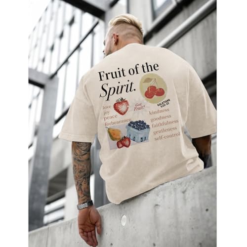 Christian Fruit of The Spirit Shirt for Men Jesus Religious Shirts Oversized Graphic Tees Acid Wash God T-Shirt Tops - color: Apricot, size: Small