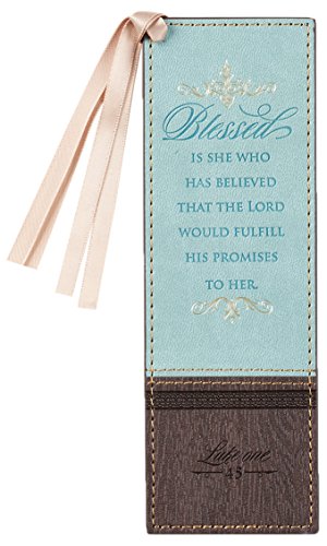 Christian Art Gifts Faux Leather Scripture Bookmark: Blessed is She - color: Brown/Blue - Blessed