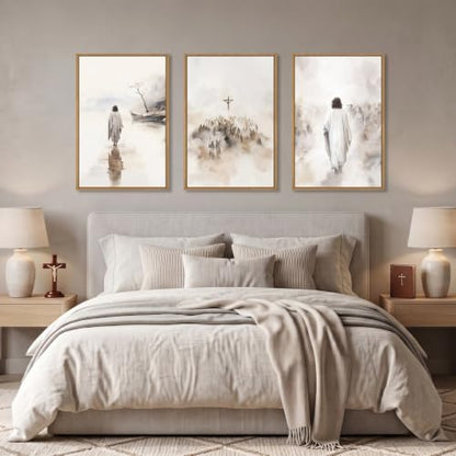 Jesus Christ Walking On Water Scenes Framed Canvas Wall Art Set-16"x24"x3 - color: Religious Christian Wall Art, size: 16"L x 24"W