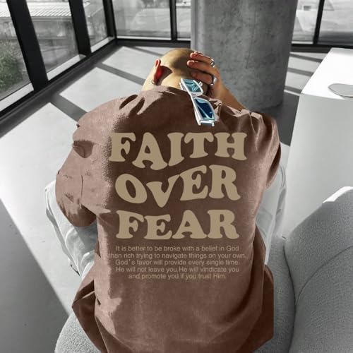 Christian Shirts for Men Faith Over Fear Oversized Tees - color: Coffee, size: Large