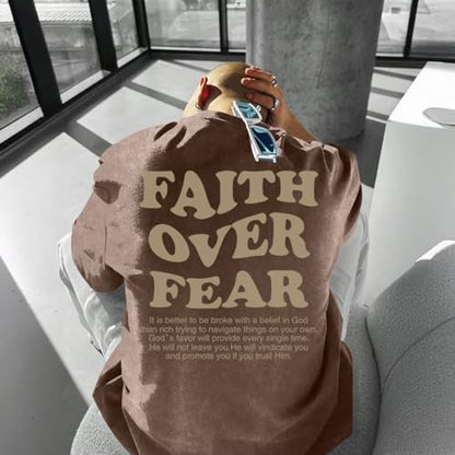 Christian Shirts for Men Faith Over Fear Oversized Tees - color: Coffee, size: Medium