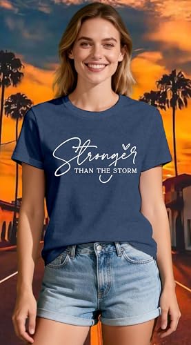Christian Shirts for Women Stronger Than the Storm T-Shirt Bible Verse Inspirational Tee Tops - color: Blue, size: X-Large