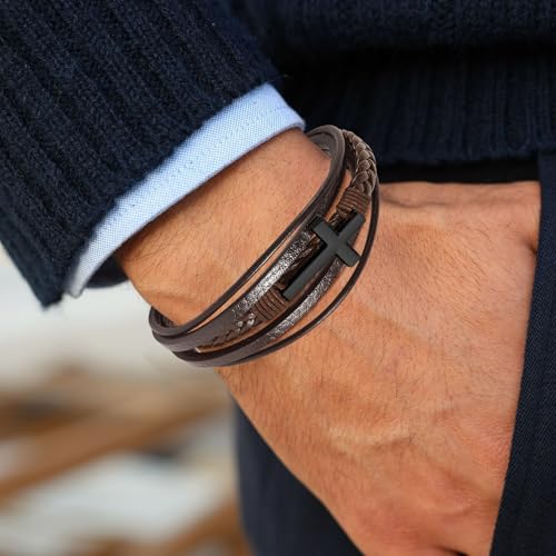 Leather Bracelet for Men Braided Stainless Steel Mens Bracelets - color: Brown-BlackCross