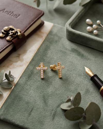 MUMREUES 14K Gold Earrings for Women Dainty CZ Cross Stud Earrings Jewelry - color: CZ Cross & Gold