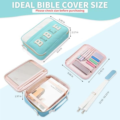 KOPKOFT Bible Cover Case for Women, Large Chenille Letter Leather Bible Case with Bible Study Accessories, Bible Study Supplies Bible Journaling Kit, Christmas Christian Gift for Women Girls - color: Light Blue