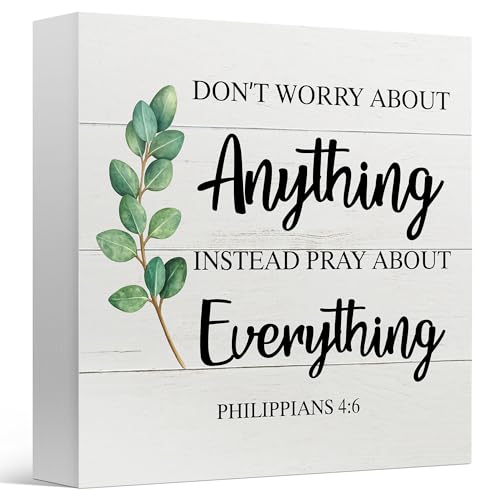 Christian Decor Box Sign for Home Office Church, Bible Verse Don't Worry About Anything, Religious Wooden Sign 5x5 Inches - color: Yelow