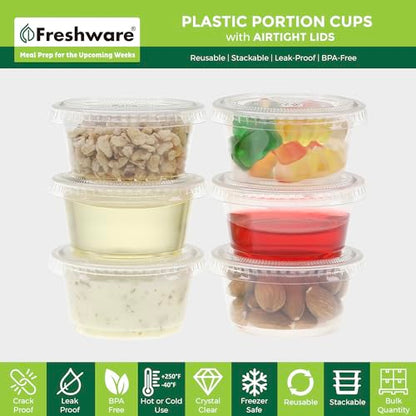 Freshware Plastic Portion Cups with Lids [3.25 Ounce, 100 Sets] Disposable Plastic Cups for Meal Prep, Salad Dressing, Jellos Shot Cups, Souffle Cups, Condiment and Dipping Sauce Cups - size: 3.25 oz - 100 sets