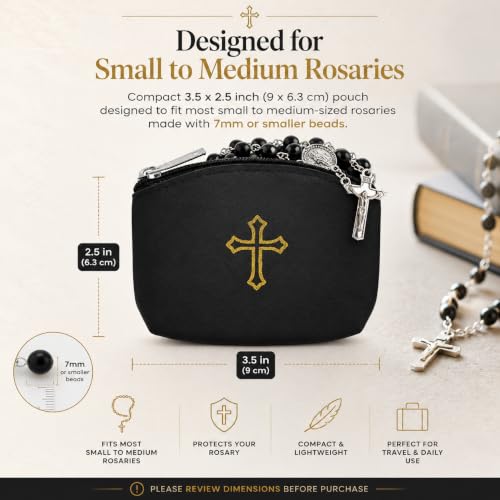 Green Rosary Pouch with Zipper & Gold St. Thomas Cross Imprint | Compact Leatherette Rosary Case for Small to Medium Rosaries | Protective Travel Rosary Holder for Men & Women - color: Green